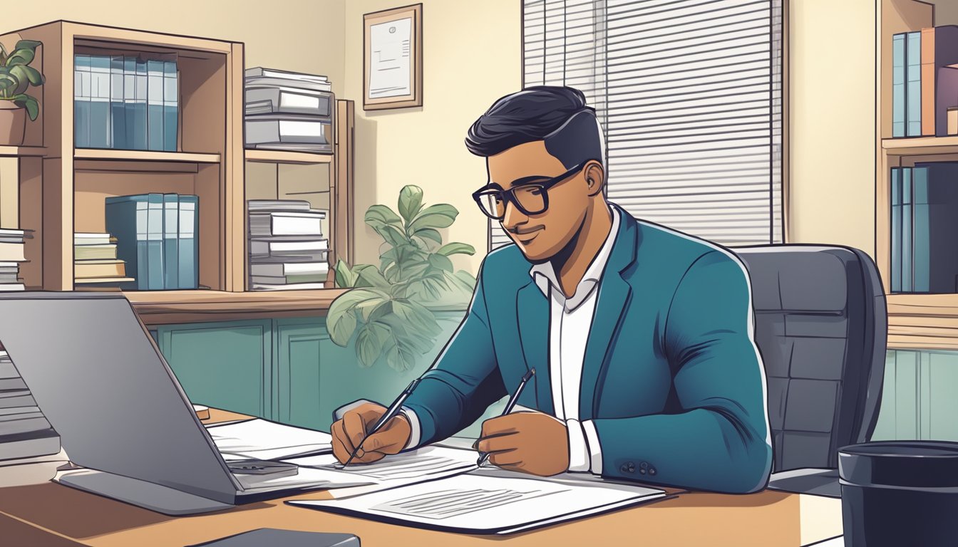 Small business owner signing loan documents with a government official. Office setting with paperwork and computer in the background
