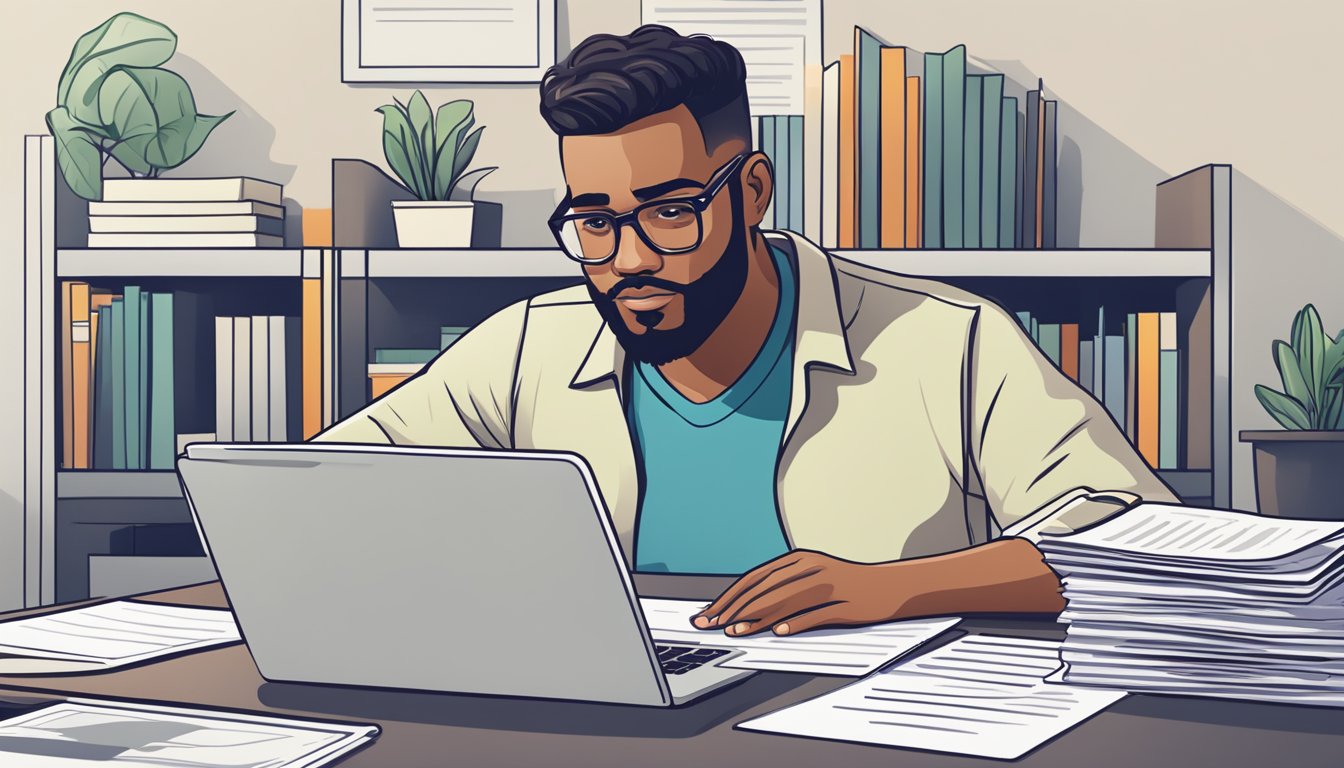 A small business owner sits at a desk, reviewing government loan paperwork with a focused expression. A laptop and financial documents are spread out in front of them