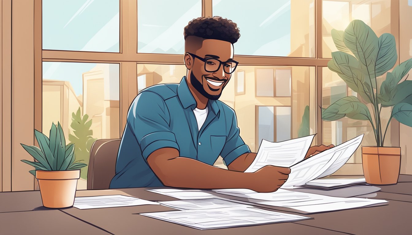 A small business owner receives a government loan, smiling as they review a plan to maximize benefits and grow their business