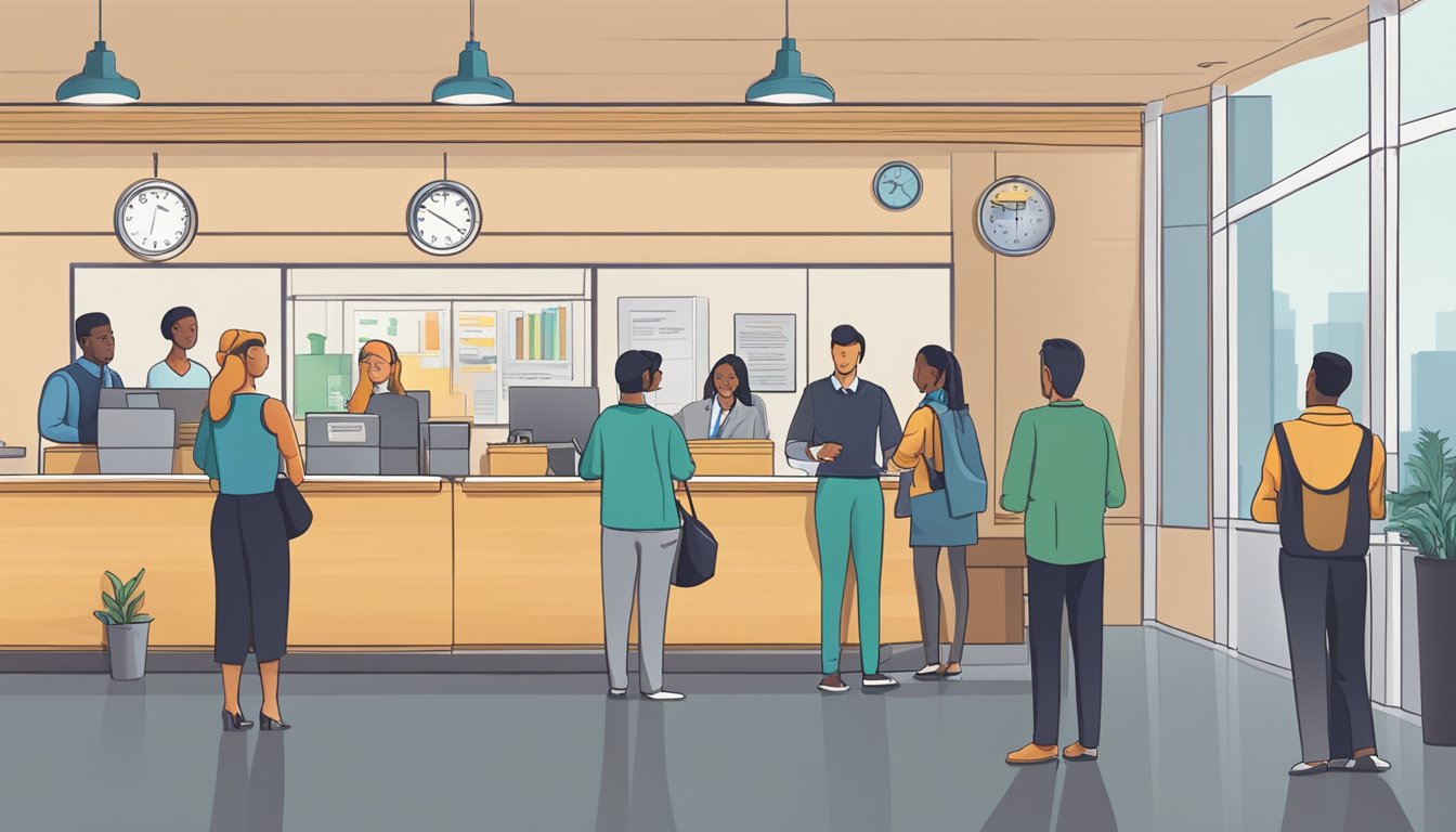 Small business owners line up at a government office, holding paperwork and looking expectantly at the reception desk. Signs with FAQs about loans are posted on the walls