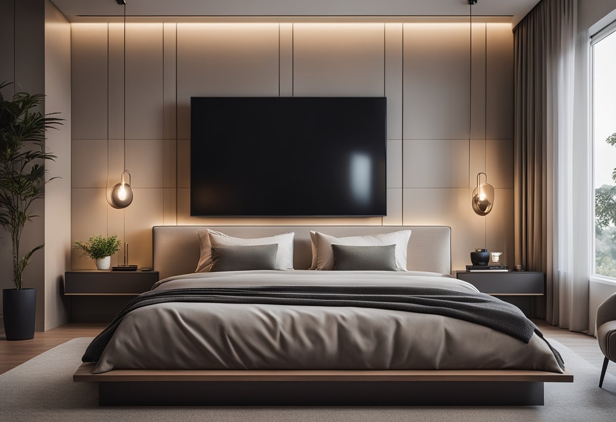 A bedroom with a sleek, modern TV cabinet against the wall, featuring clean lines and minimalistic design. A cozy bed with soft pillows and warm lighting completes the scene