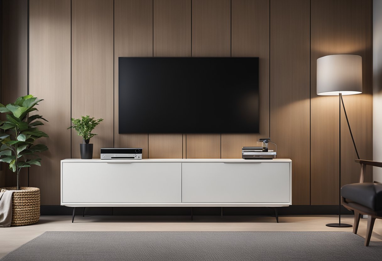 A sleek, modern TV cabinet sits against the bedroom wall, with clean lines and hidden storage compartments, blending functionality and style seamlessly