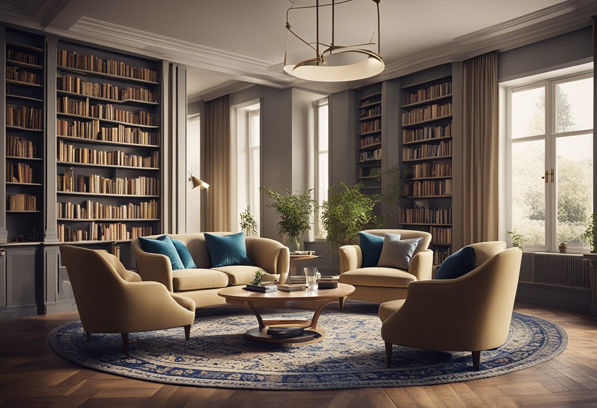 A cozy, well-lit drawing room with plush armchairs, a fireplace, and bookshelves filled with books. A patterned rug and elegant curtains complete the decor