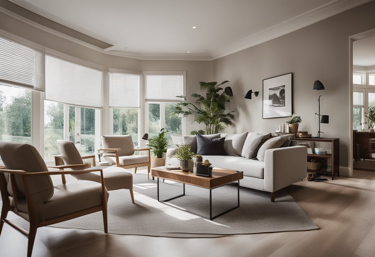 A cozy drawing room with clever space-saving furniture, elegant decor, and natural light streaming in through large windows