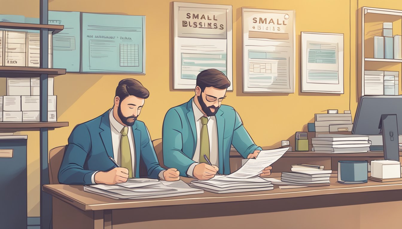 A small business owner sits at a desk, filling out a loan application. A banker stands nearby, reviewing financial documents. The office is bright and professional, with a sign reading "Small Business Loans" on the wall