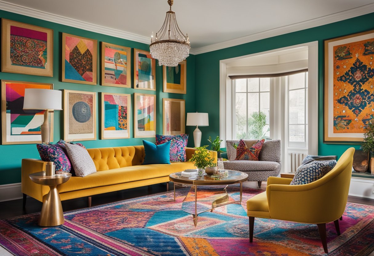 A small drawing room with vibrant decor and bold colors. Brightly patterned rugs, colorful throw pillows, and eclectic artwork adorn the walls. A mix of modern and vintage furniture creates a lively and inviting space