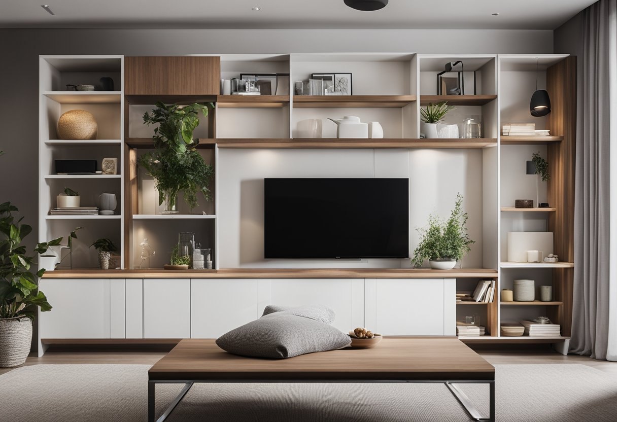 A clutter-free living room with hidden storage under the coffee table, built-in shelves, and a wall-mounted TV cabinet