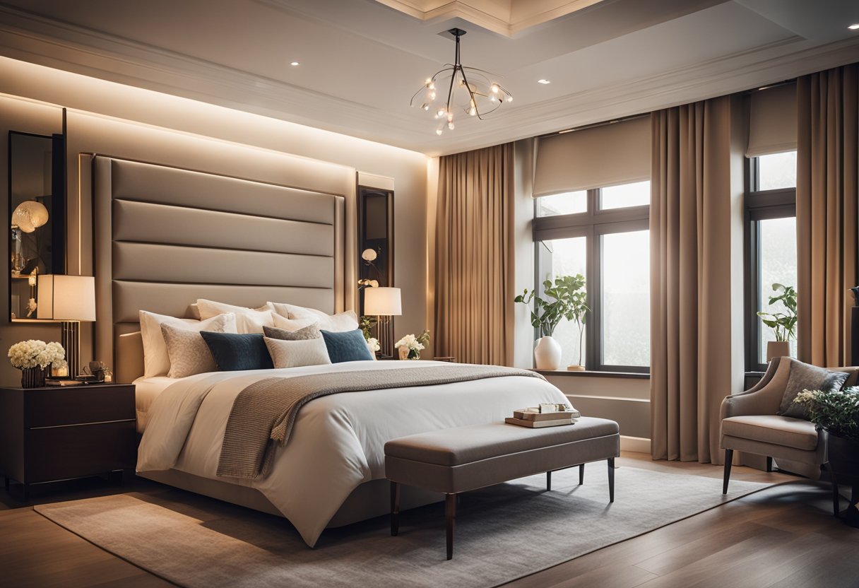 A cozy villa bedroom with a large, elegant bed, soft, luxurious bedding, and warm, ambient lighting. The room features stylish furniture, decorative accents, and a serene color palette