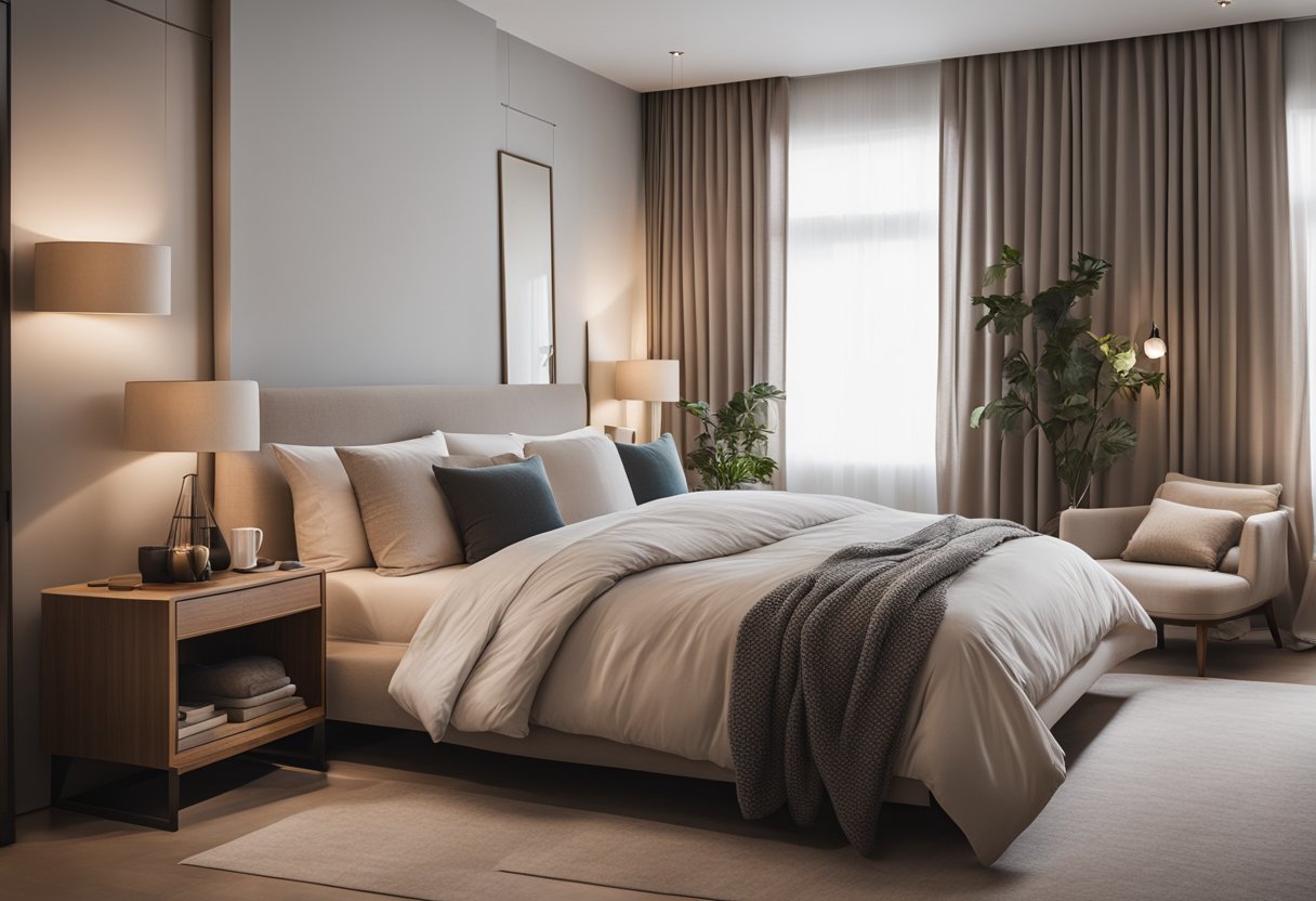 A cozy bedroom with a neutral color palette, soft lighting, and minimalistic furniture. A large, plush bed with layered bedding and decorative pillows. A small reading nook with a comfortable chair and side table