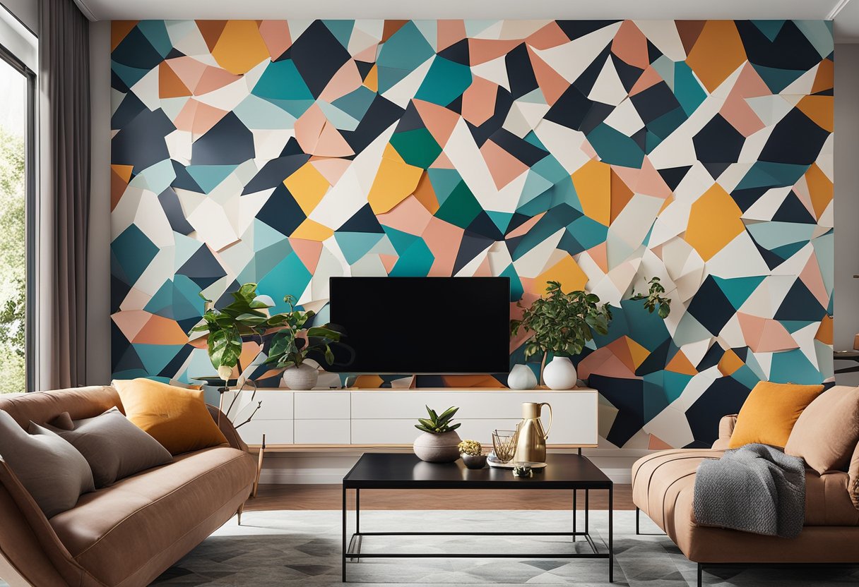 A modern living room with bold geometric patterns, vibrant colors, and sleek furniture. A statement wall features a large-scale mural or artistic installation