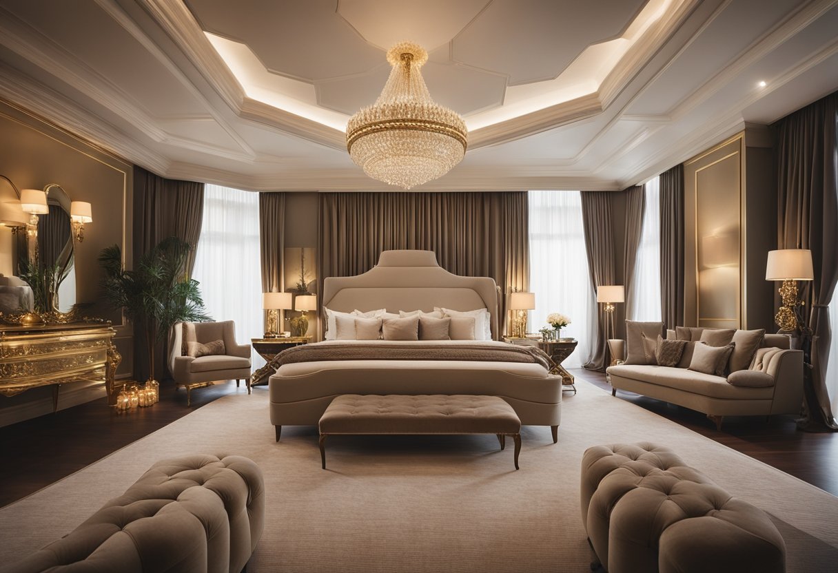 A spacious bedroom with luxurious furnishings, a grand canopy bed, plush velvet armchairs, and a marble fireplace, all bathed in soft golden lighting