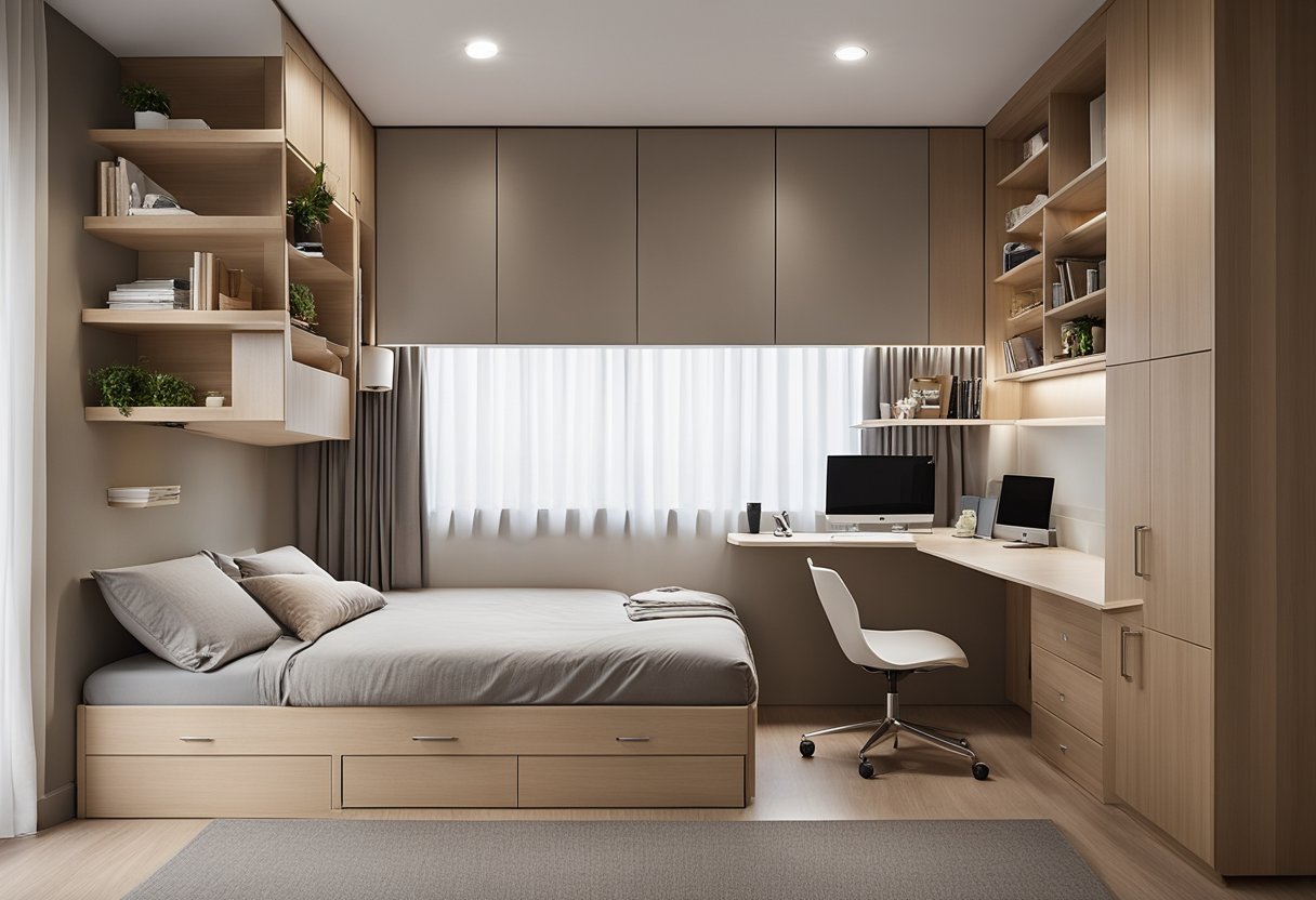 A bed with built-in storage, a fold-down desk, and wall-mounted shelves maximize space in a small HDB bedroom