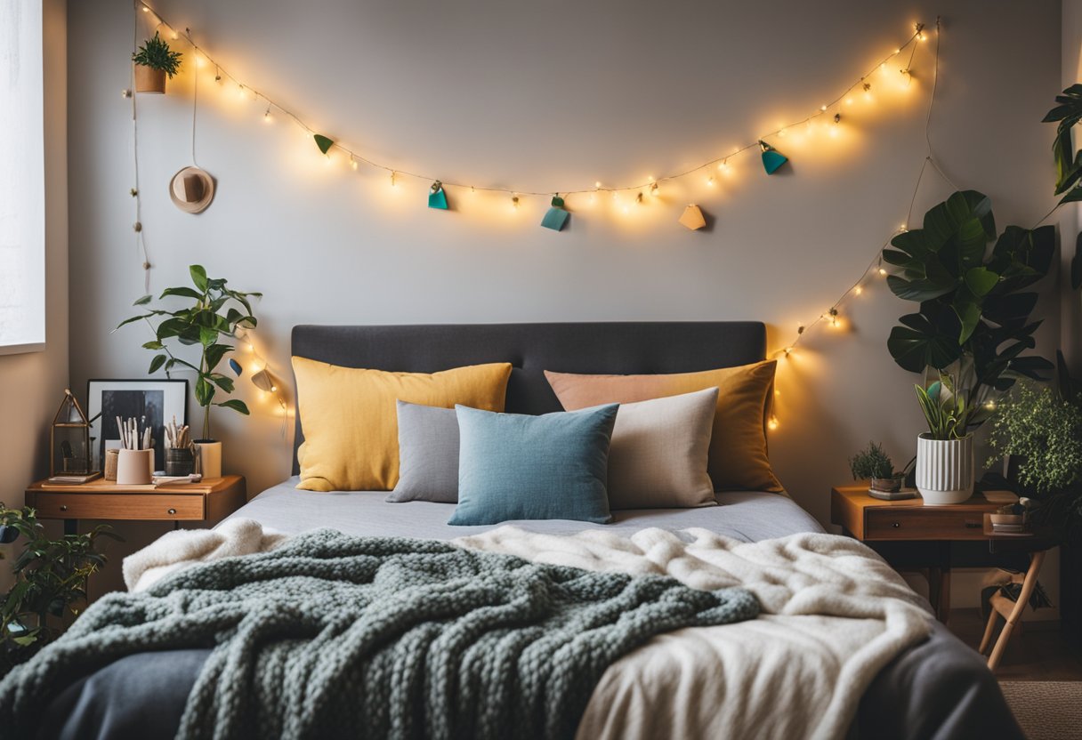 A cozy bedroom with colorful throw pillows, hanging string lights, and framed photos on the wall. A desk with art supplies and plants add a personal touch