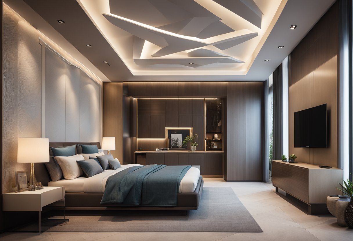 A modern master bedroom with a sleek false ceiling design featuring recessed lighting and geometric patterns