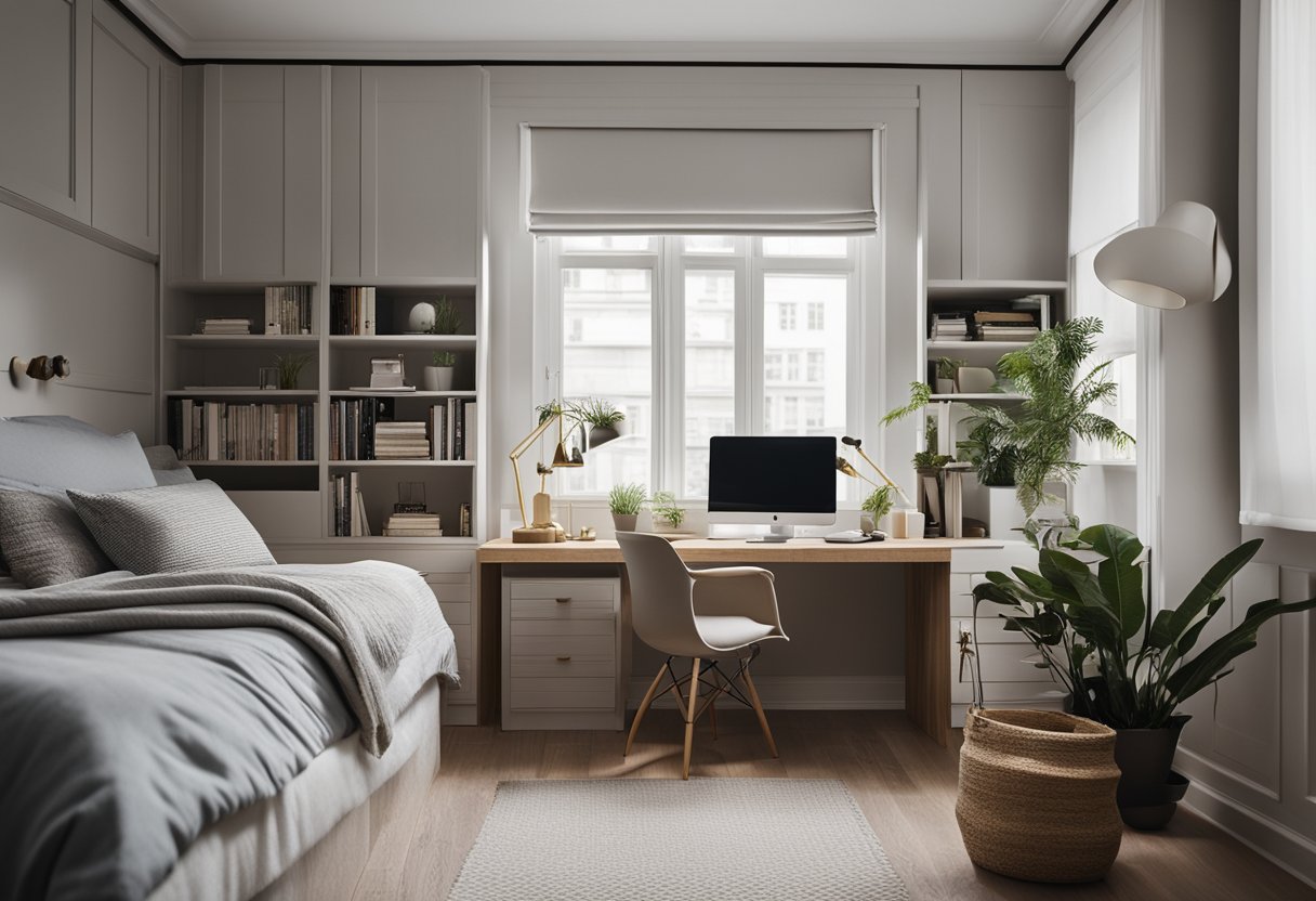 A neatly organized bedroom with a cozy bed, stylish furniture, and decorative accents. A desk with a computer and a bookshelf filled with books