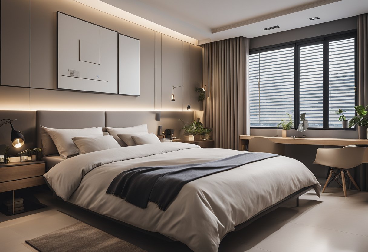 A modern HDB bedroom with minimalist design, featuring clean lines, neutral colors, and functional furniture layout