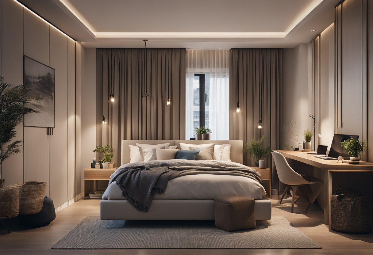 A cozy bedroom with modern furniture, soft lighting, and a neutral color palette. A spacious layout with functional storage solutions and a comfortable bed