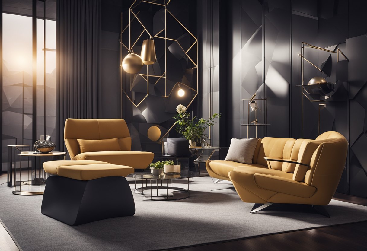 A modern living room with abstract furniture, geometric patterns, and futuristic lighting