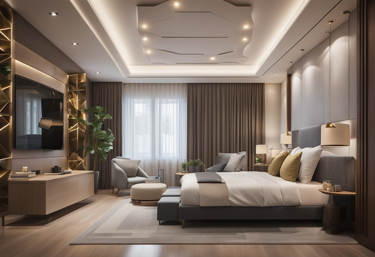 A spacious master bedroom with a modern false ceiling design featuring recessed lighting, geometric patterns, and a sleek, minimalist aesthetic