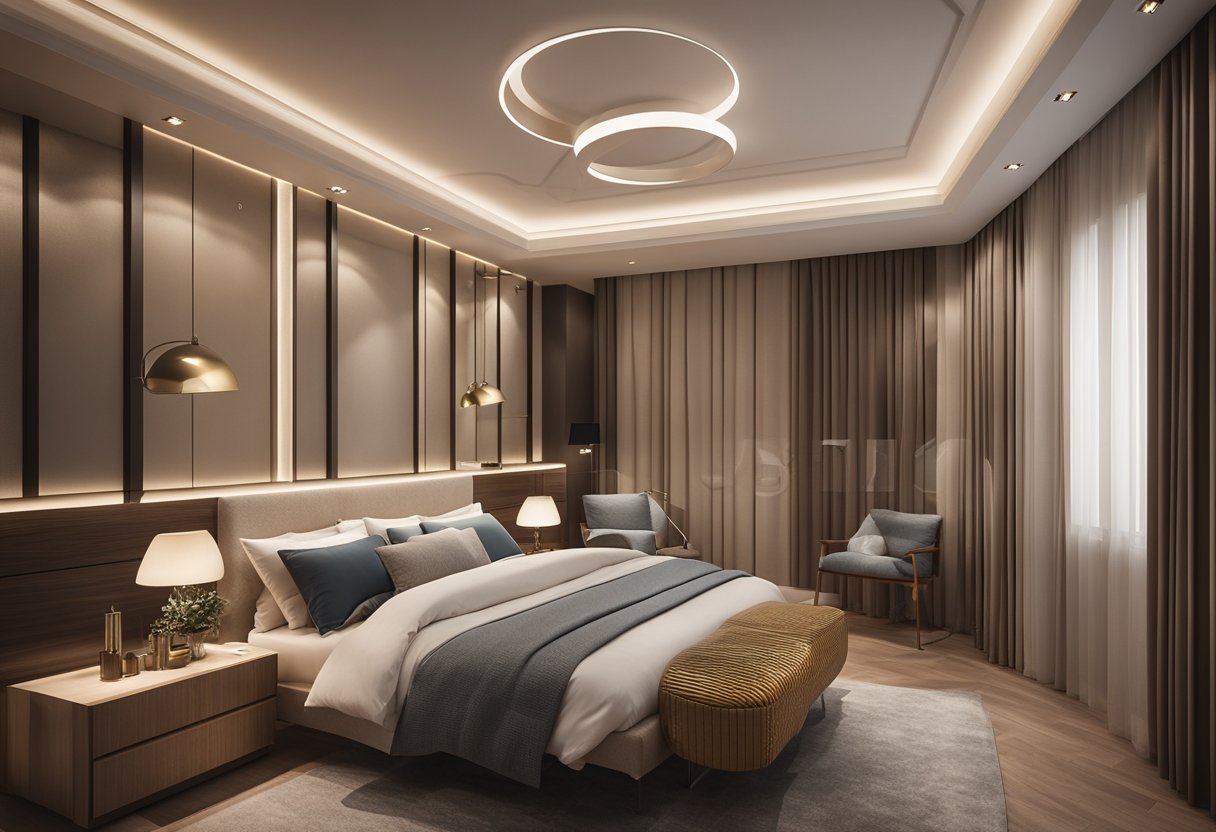 A modern bedroom with a sleek false ceiling design, featuring innovative lighting and inspirational elements for a stylish and elegant aesthetic