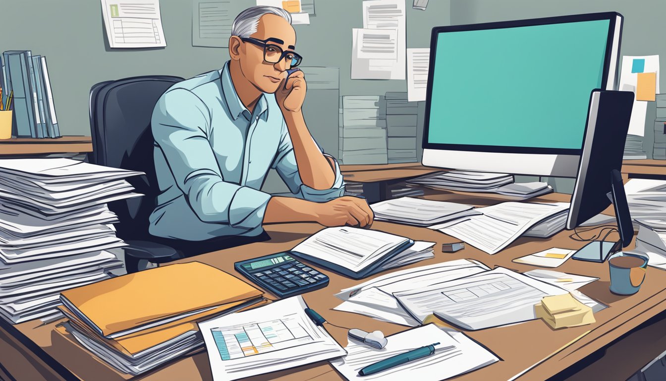 An Amazon business owner sits at a desk, surrounded by paperwork and a laptop. A stack of financial documents and a calculator are on the table