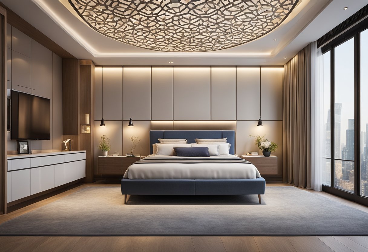 A spacious master bedroom with a modern false ceiling design, featuring recessed lighting and intricate geometric patterns