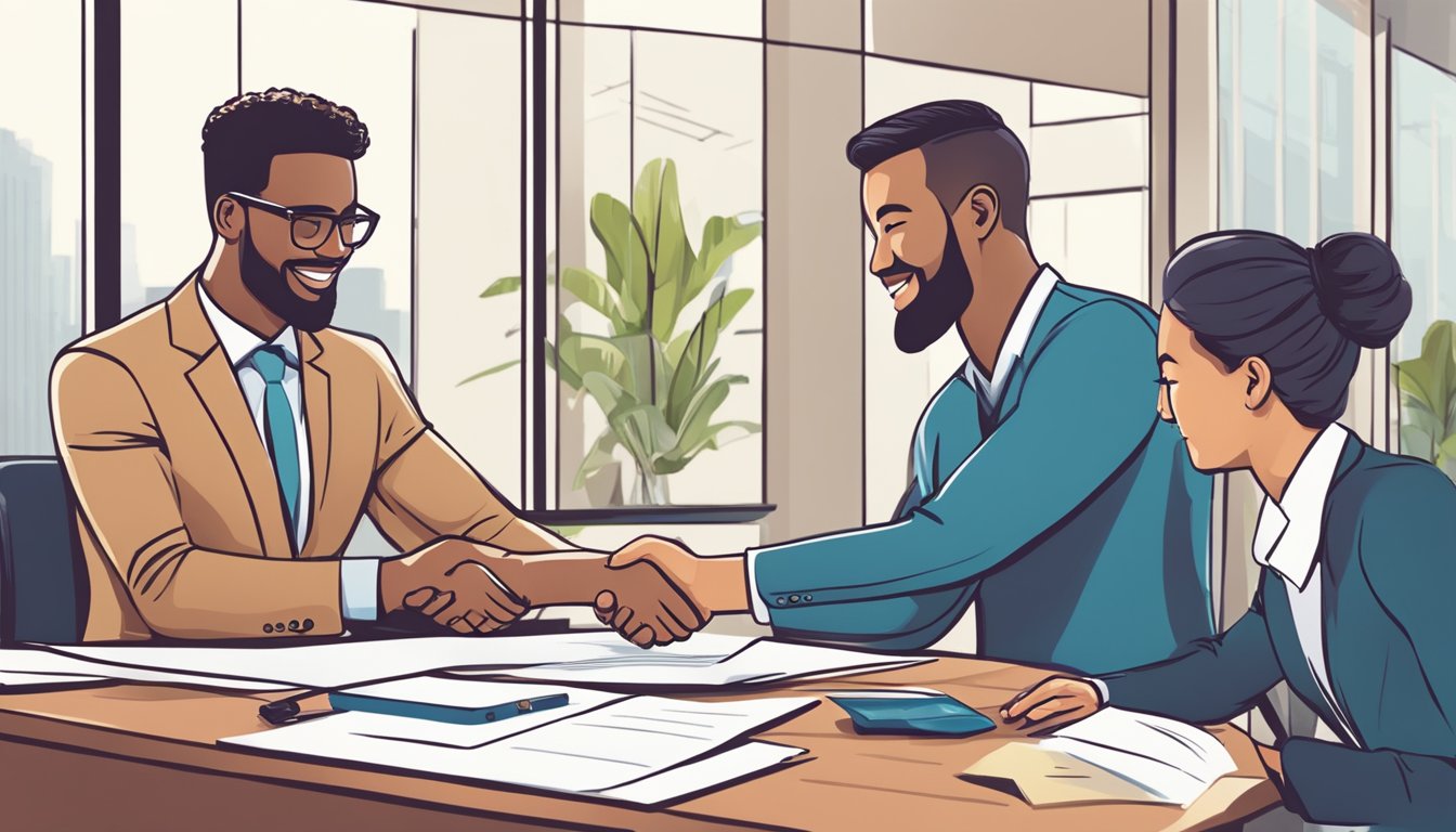 A business owner signing loan documents with a bank representative, shaking hands after securing an LLC business loan