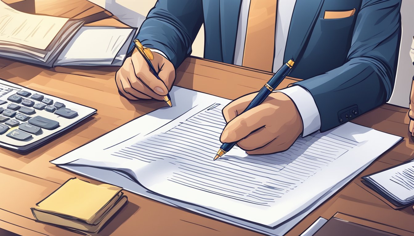 A businessman signs a loan agreement with Financial Management and Growth LLC, with a stack of papers and a pen on the desk