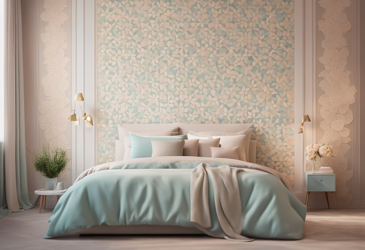 A bedroom wall adorned with intricate floral and geometric patterns in soothing pastel colors
