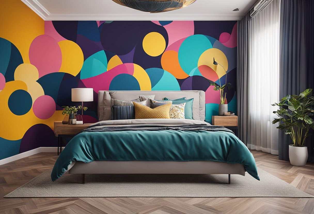 A bedroom with vibrant wall painting designs, featuring bold colors and intricate patterns, creating a lively and artistic atmosphere