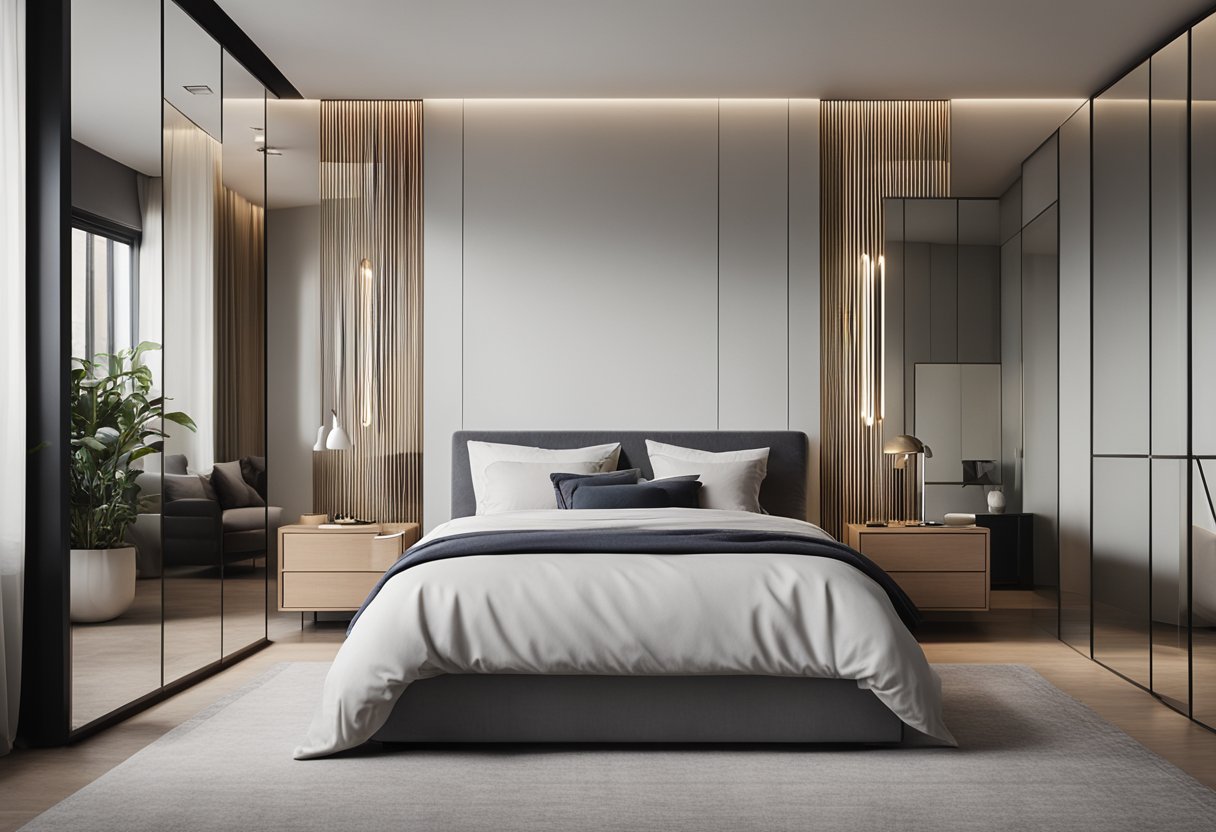 A bedroom with a sleek, modern dressing mirror against a clean, minimalist backdrop