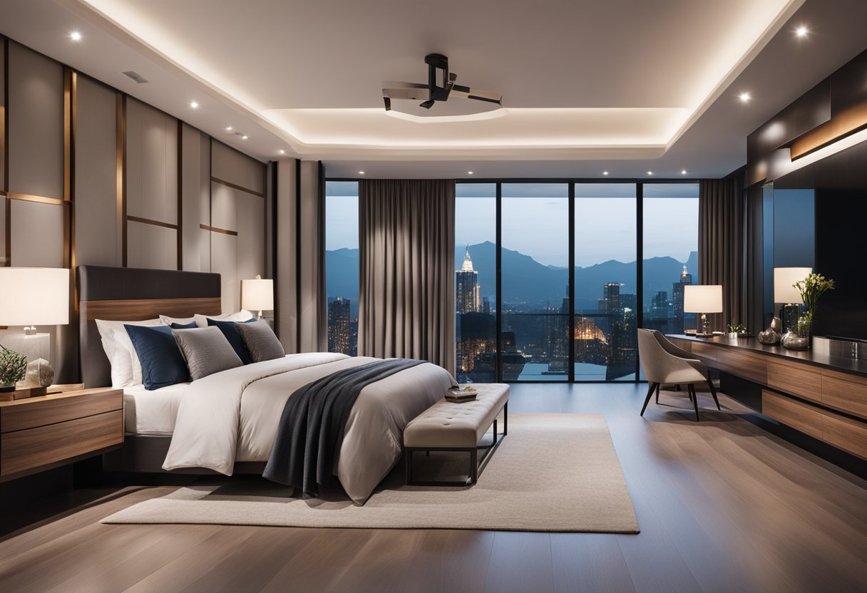 A spacious master bedroom with a modern design, featuring a large bed, sleek furniture, and soft lighting