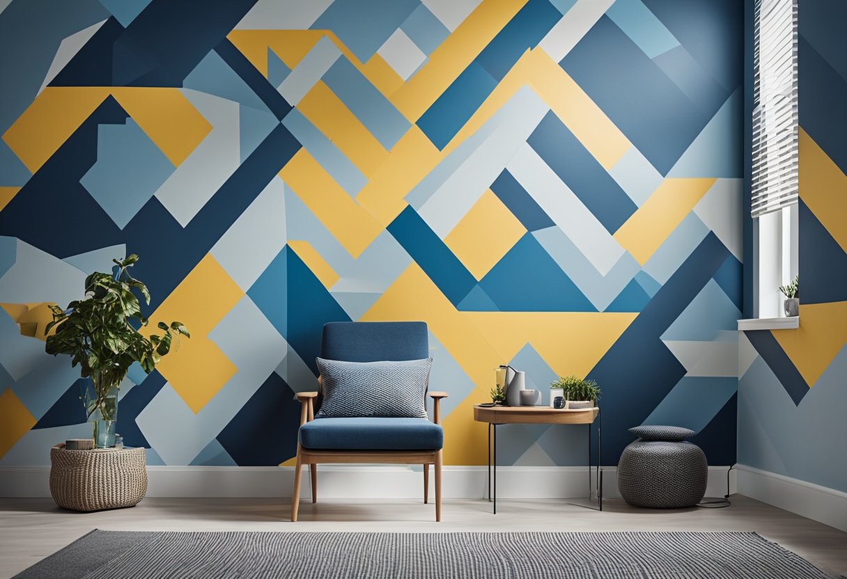 A bedroom wall being painted with a geometric design using painter's tape and various shades of blue, creating a modern and stylish look