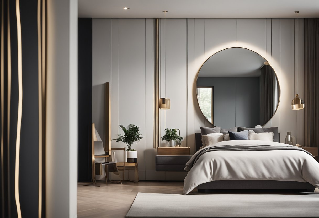 A sleek, modern dressing mirror stands against a wall, reflecting the stylish decor of a contemporary bedroom. Its frame features clean lines and minimalist design, adding a touch of elegance to the space