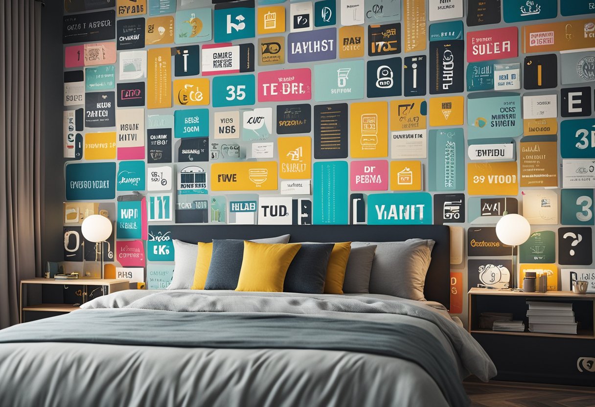 A bedroom wall with colorful and creative FAQ designs, featuring bold typography and eye-catching graphics