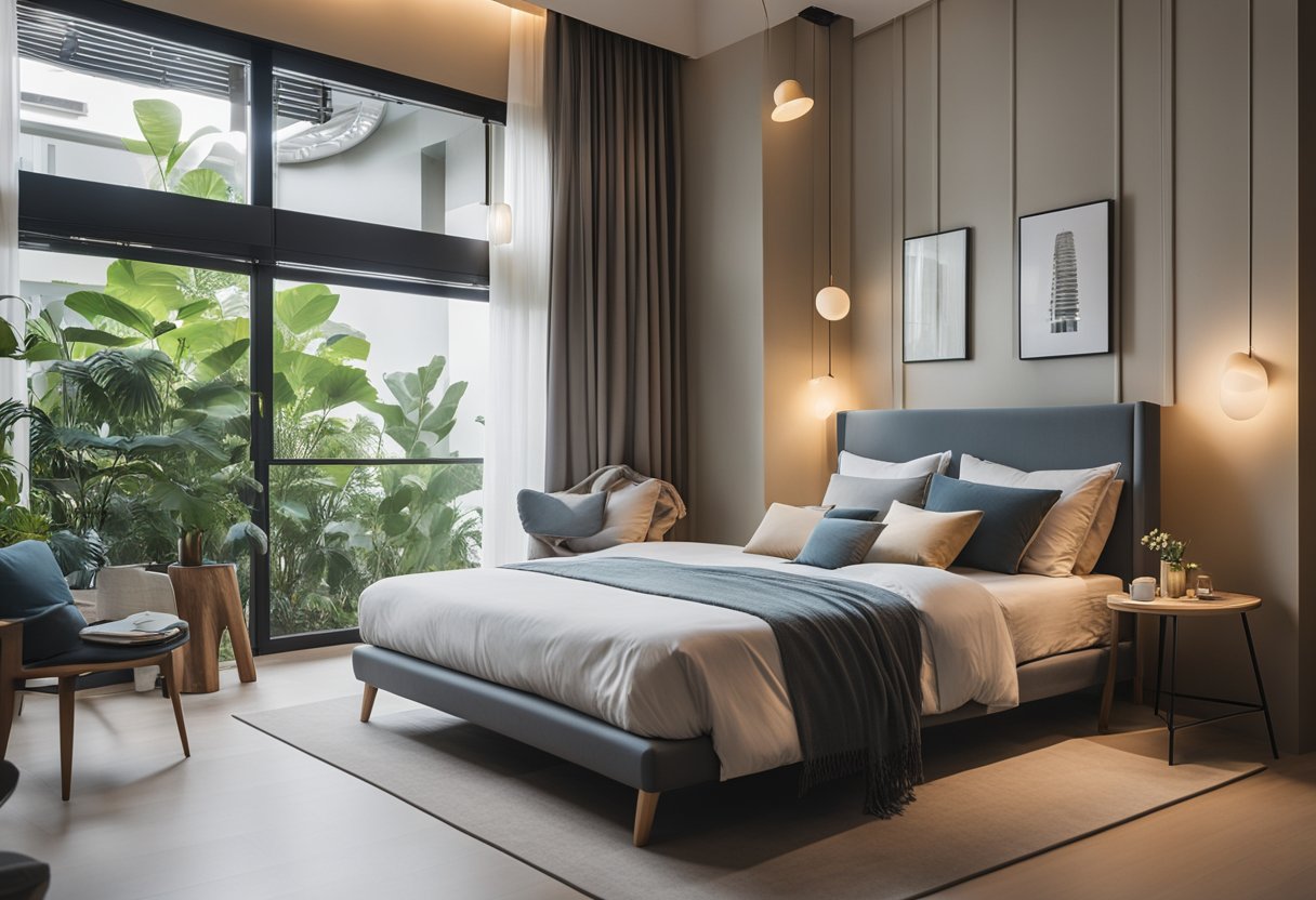 A cozy HDB master bedroom with a plush bed, soft lighting, and calming decor. A large window lets in natural light, and a comfortable reading nook adds a touch of relaxation