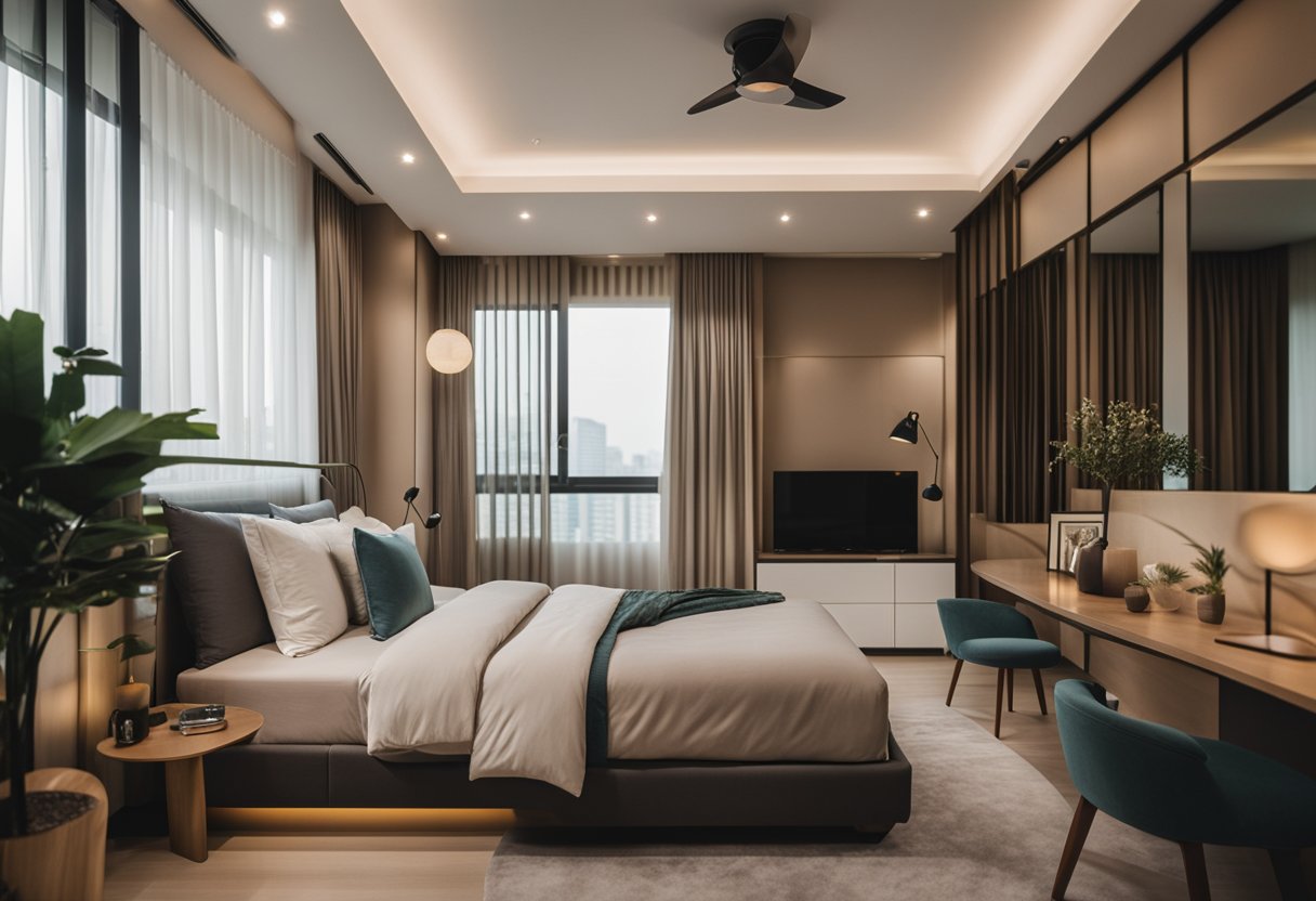 A cozy HDB master bedroom in Singapore with modern furniture, soft lighting, and personalized decor
