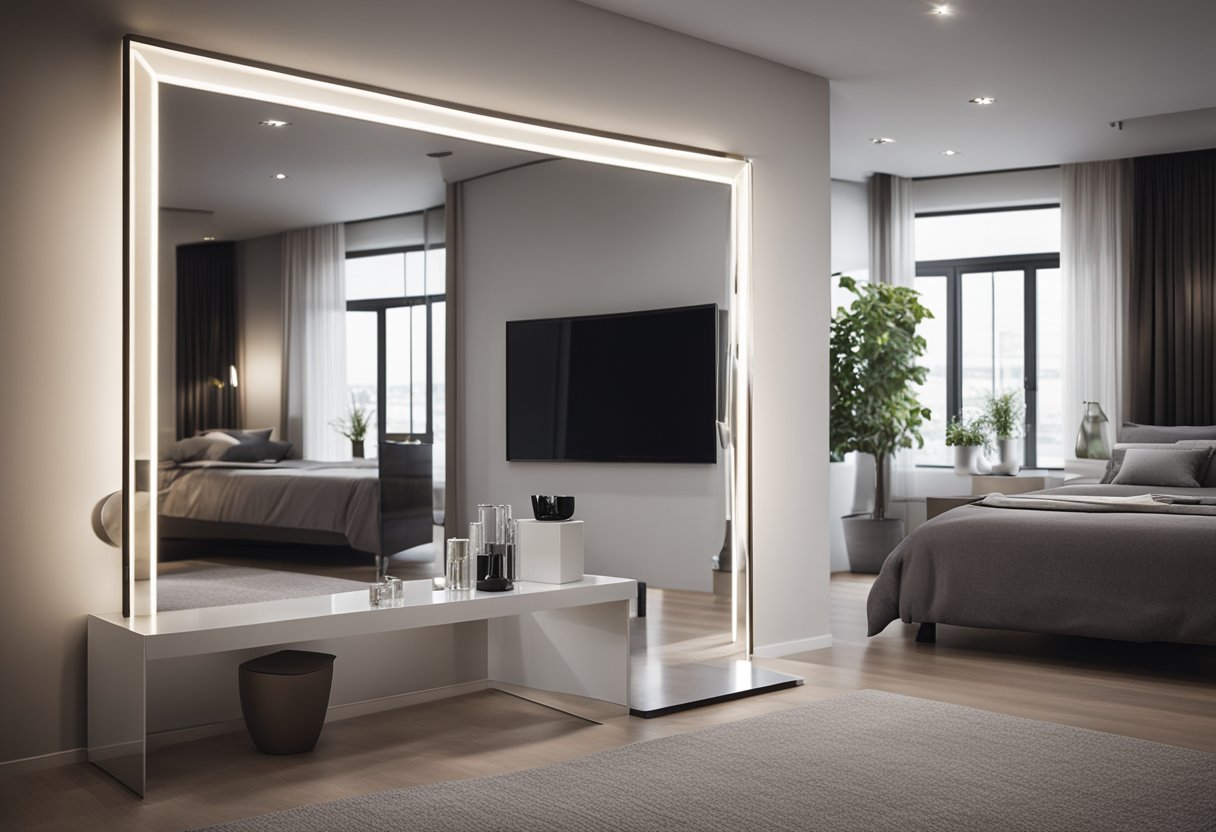 A bedroom with a modern, sleek dressing mirror positioned against a wall, reflecting the room's decor and furniture