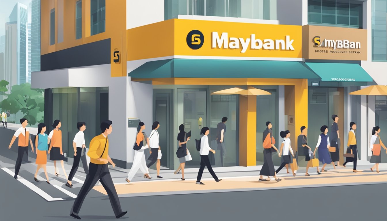 A bustling Singapore street with a prominent Maybank branch, busy professionals entering and exiting, and a sleek, modern business loan sign