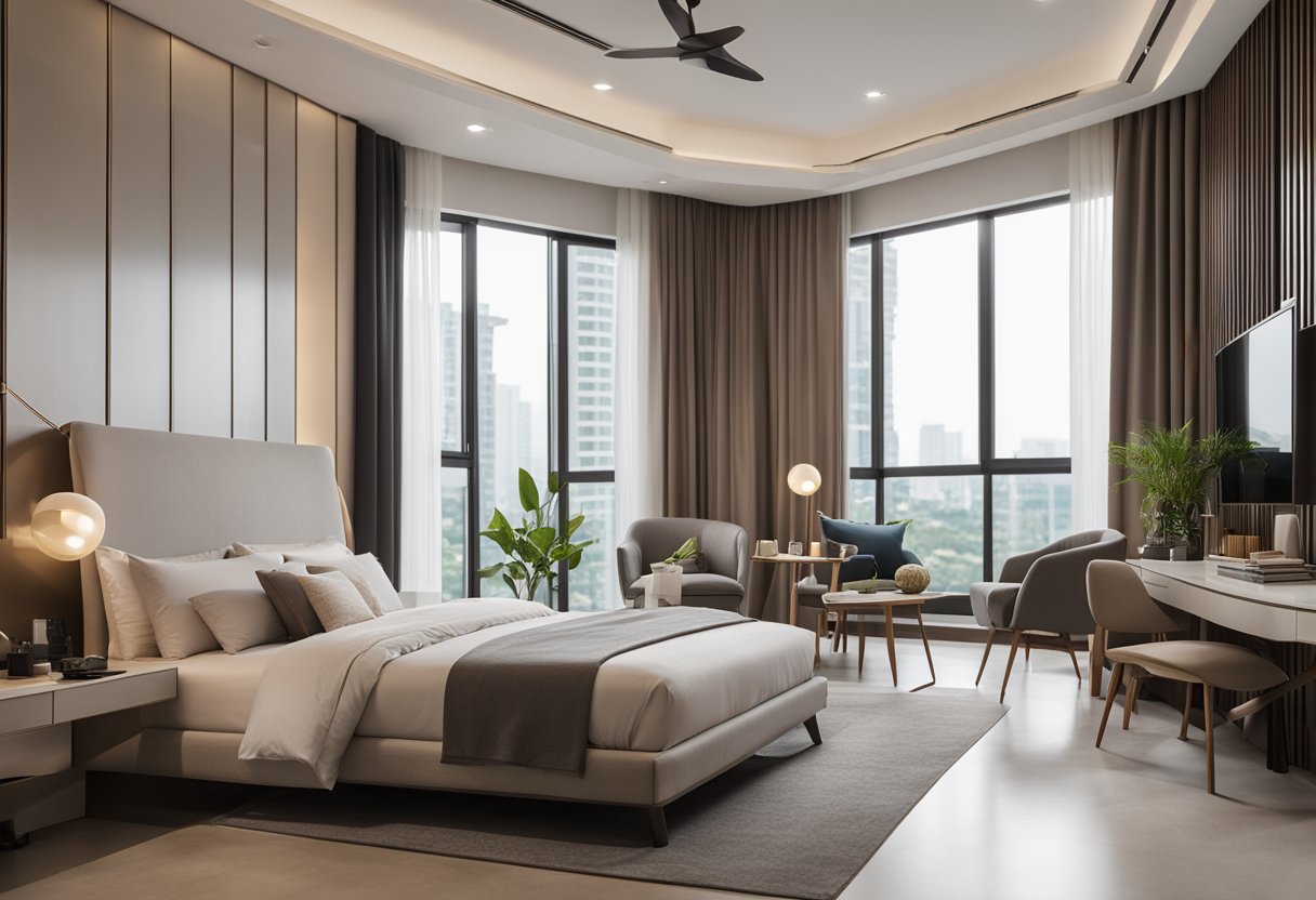 A spacious and modern HDB master bedroom in Singapore, featuring sleek furniture, a neutral color palette, and ample natural light