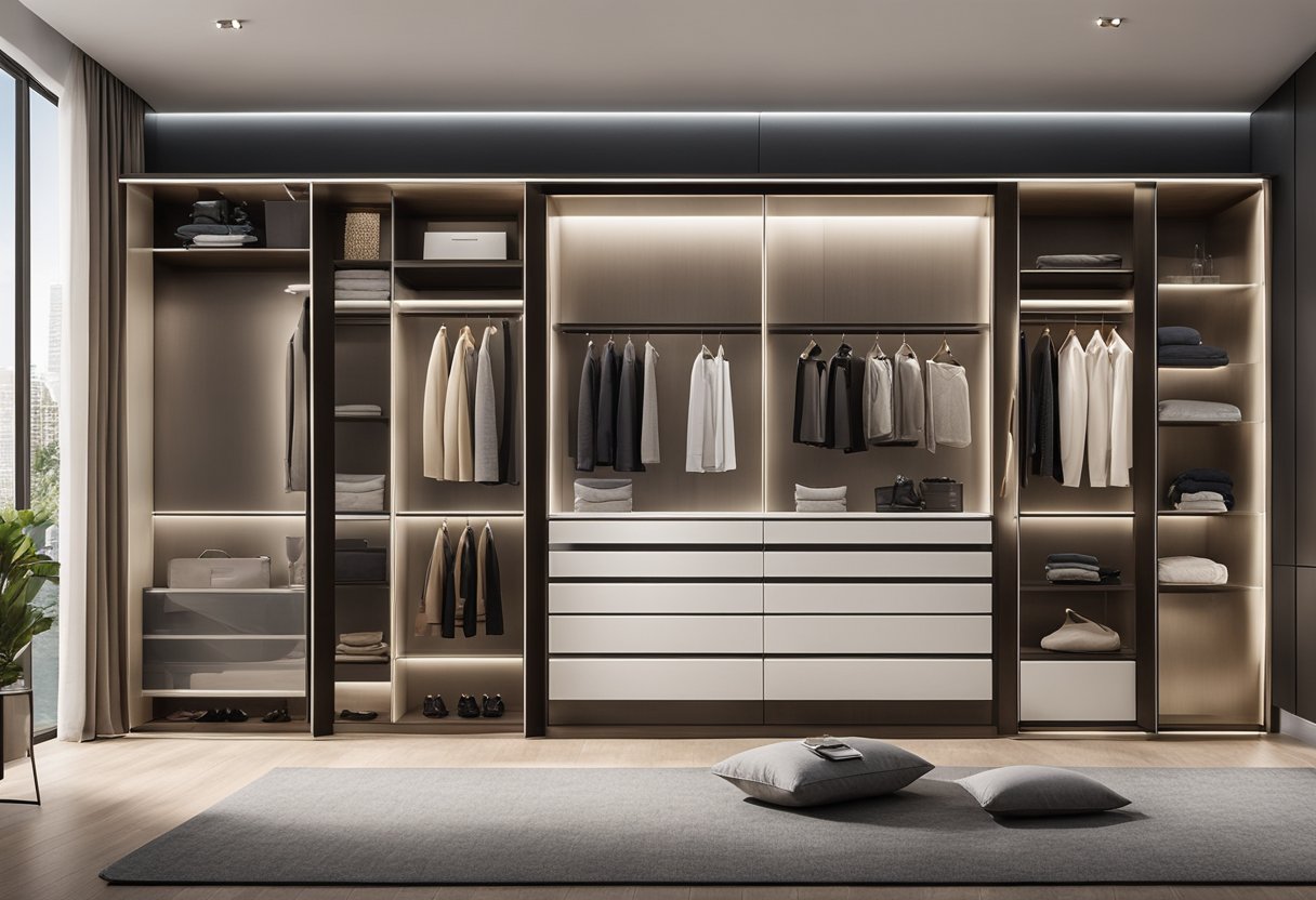 A spacious master bedroom with a sleek, modern wardrobe featuring sliding mirrored doors, built-in lighting, and ample storage for clothes and accessories