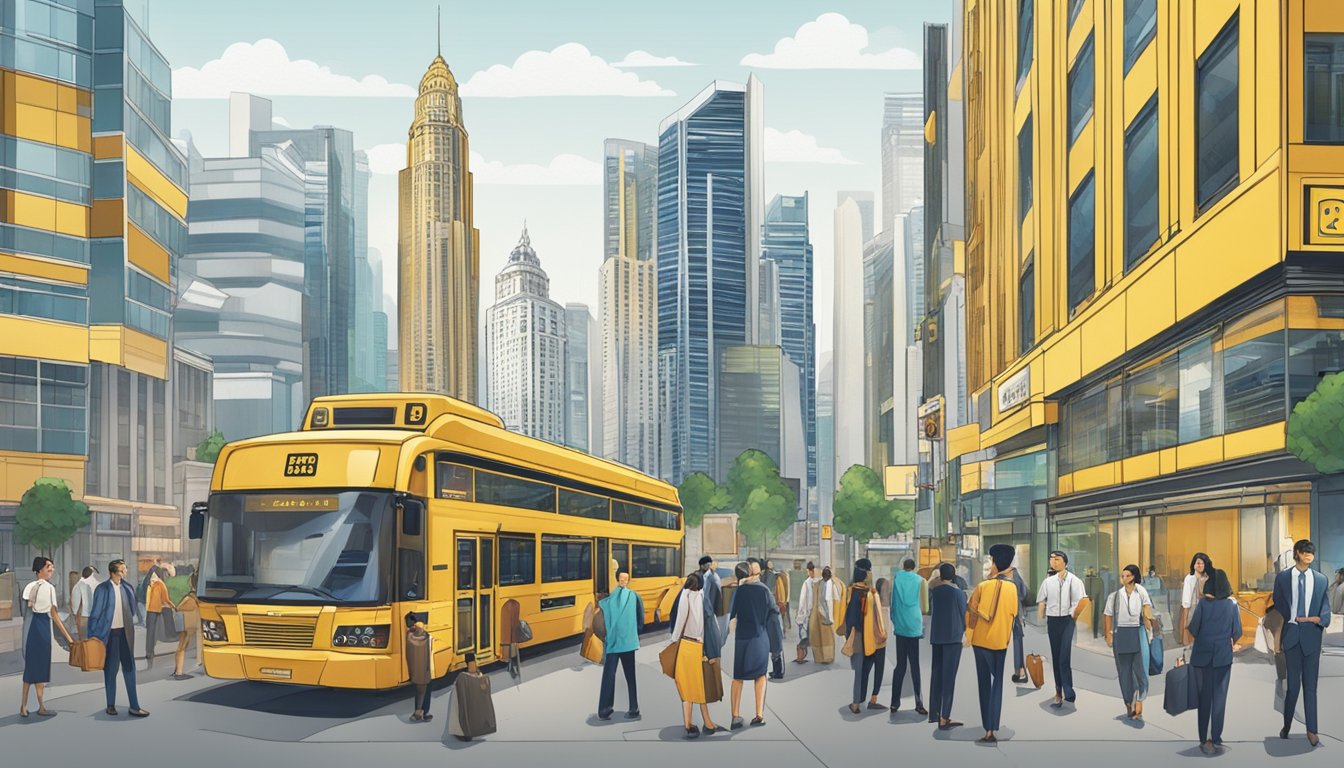 A bustling cityscape with a prominent Maybank building in the background, a diverse group of business owners discussing financial plans, and a banker presenting loan options