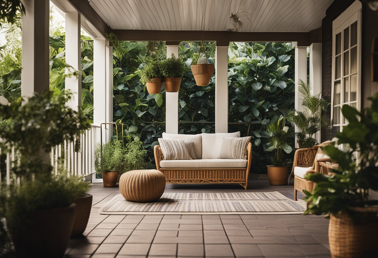 A cozy verandah with wicker furniture, potted plants, and soft lighting. A rug and throw pillows add warmth to the space