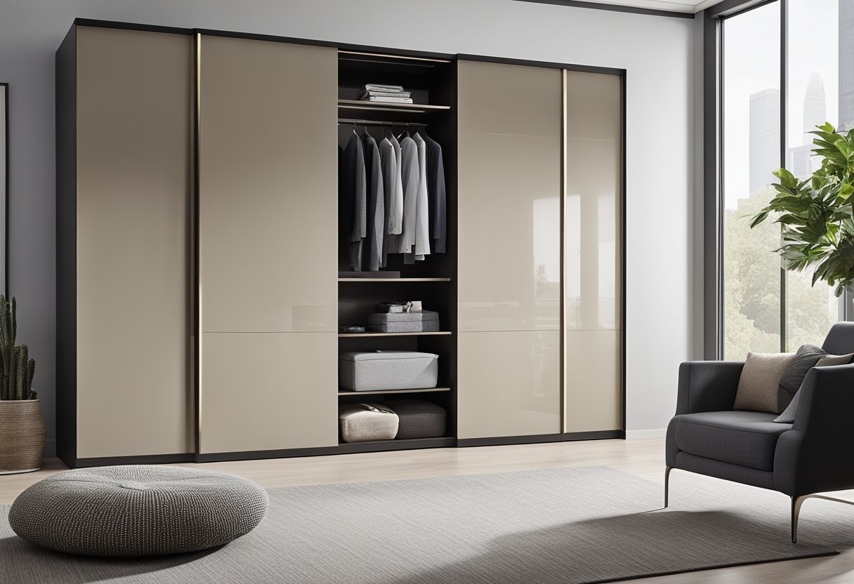 A spacious, modern wardrobe with sliding doors and ample storage space. Clean lines and a neutral color palette create a sleek and sophisticated look