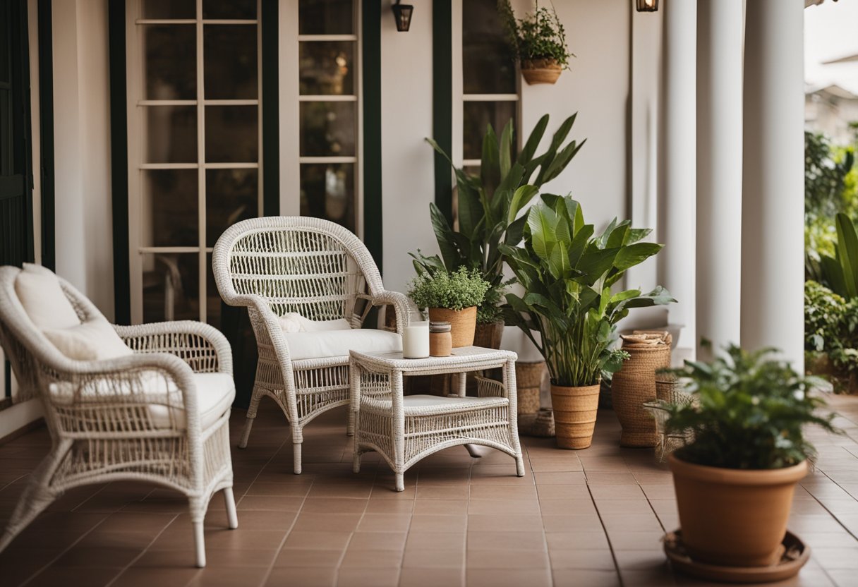 A cozy verandah with wicker furniture, potted plants, and soft lighting. A book lies open on a side table, inviting relaxation