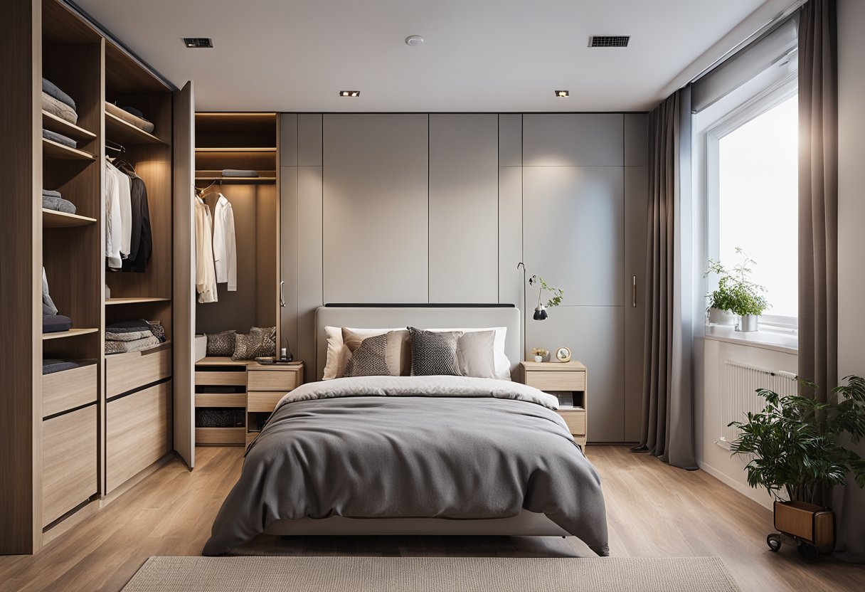 A small bedroom with a space-saving wardrobe design featuring sliding doors, built-in shelves, and a compact dresser