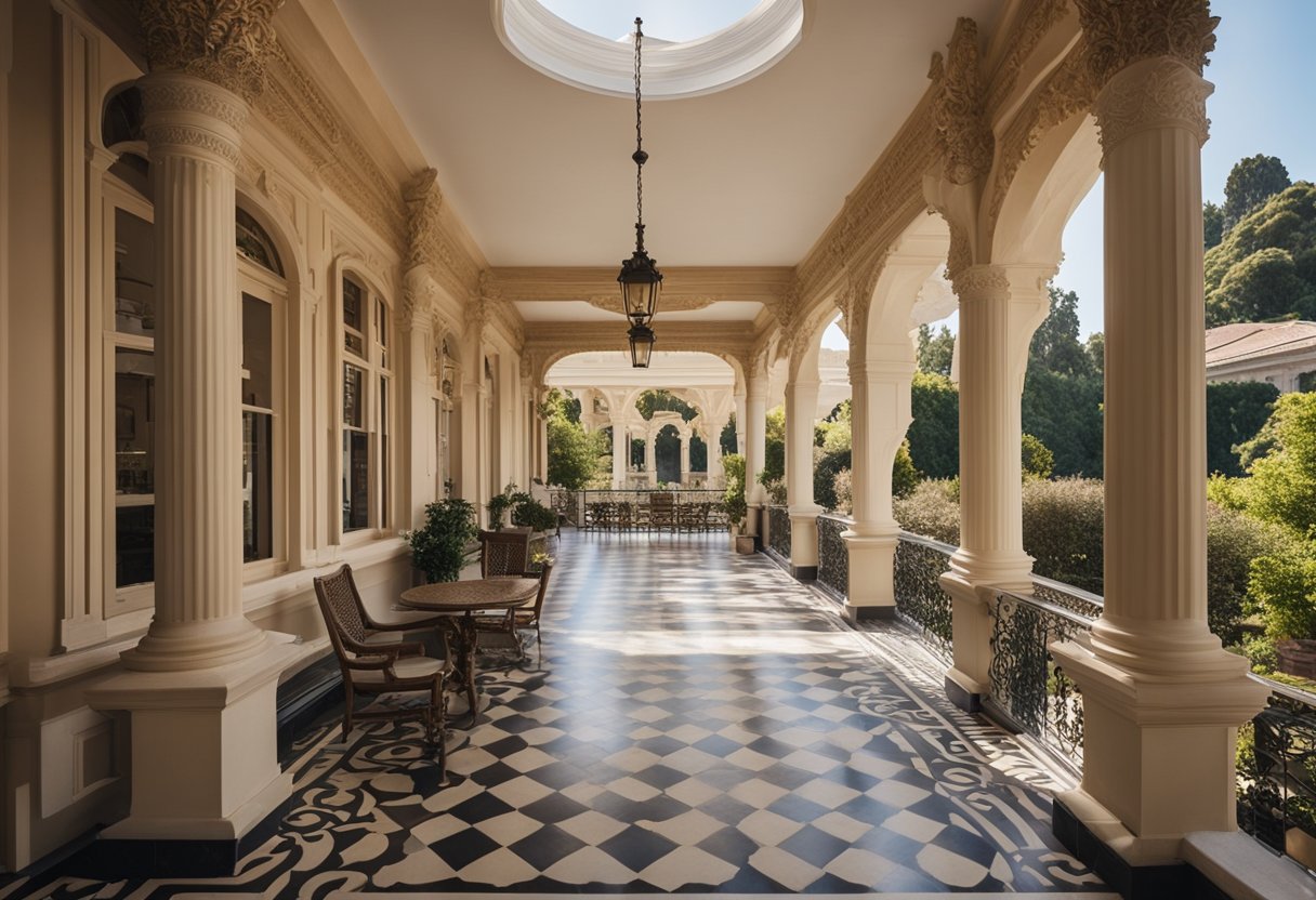 The verandah interior features ornate columns, intricate balustrades, and decorative molding, creating a grand and elegant architectural design