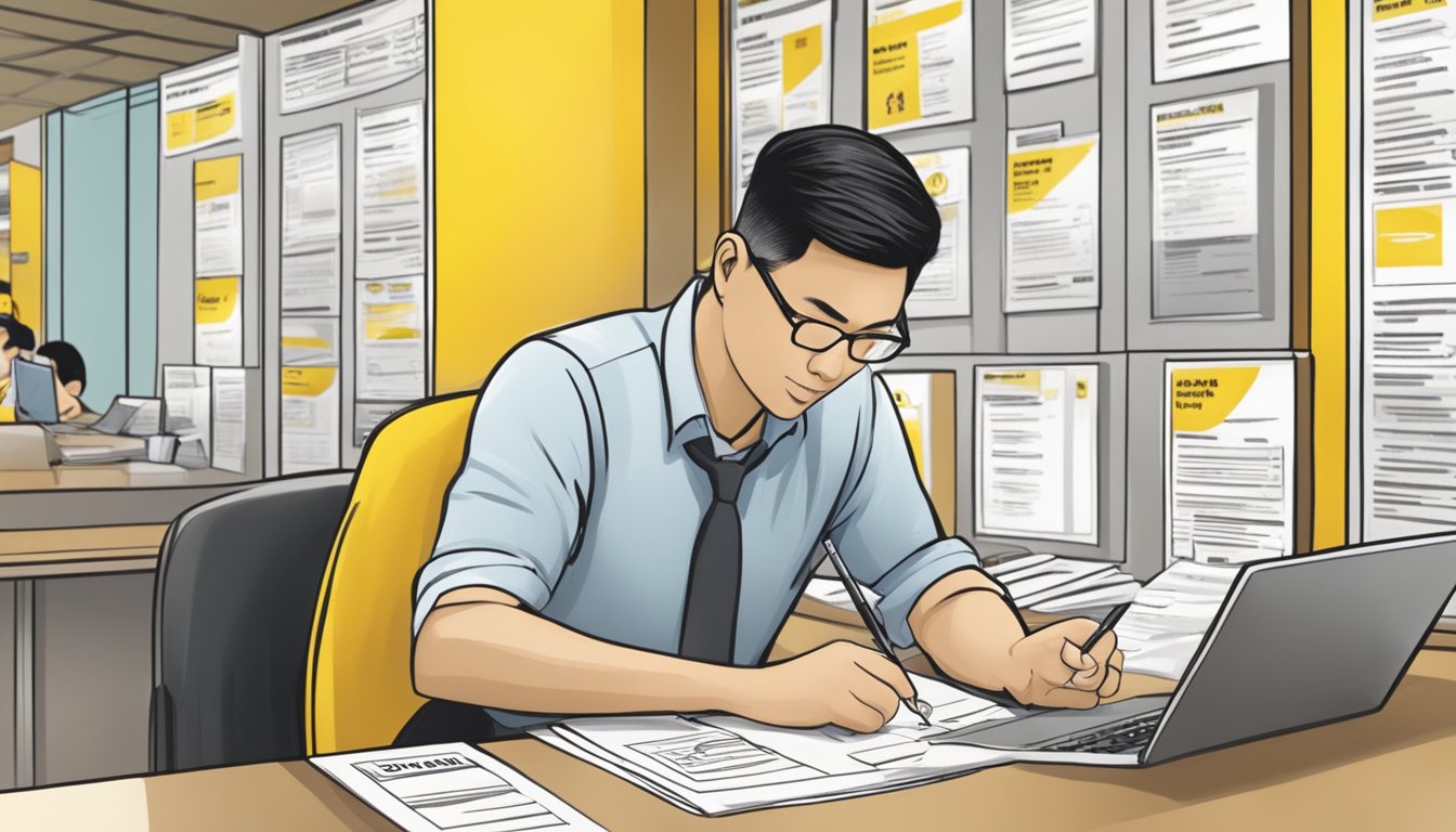 A business owner fills out a loan application form at a Maybank branch in Singapore. The eligibility criteria are listed on a poster in the background
