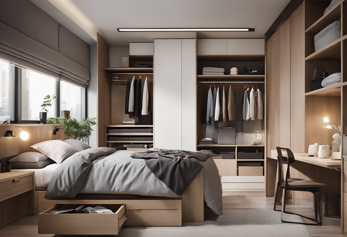 A small bedroom with a cleverly designed wardrobe featuring built-in shelves, drawers, and hanging space to maximize storage