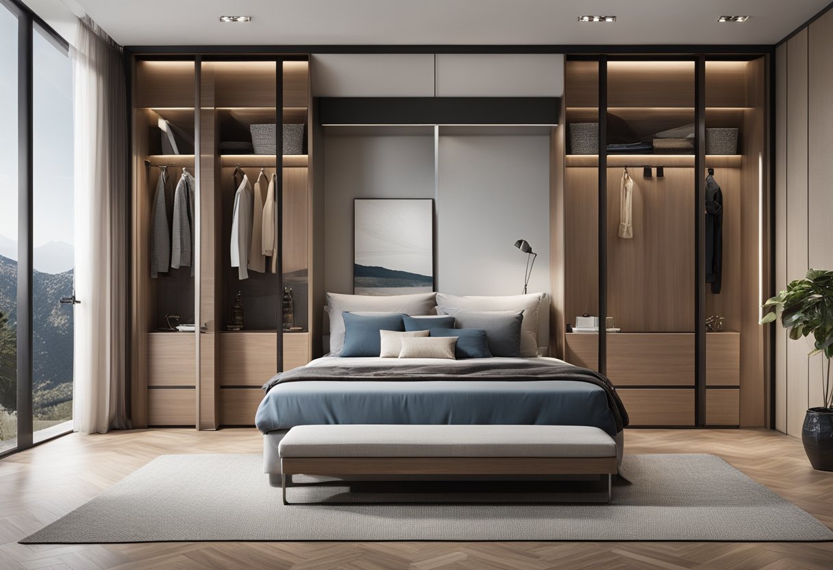 A spacious master bedroom with a sleek and modern wardrobe design, featuring ample storage space, built-in lighting, and a stylish sliding door